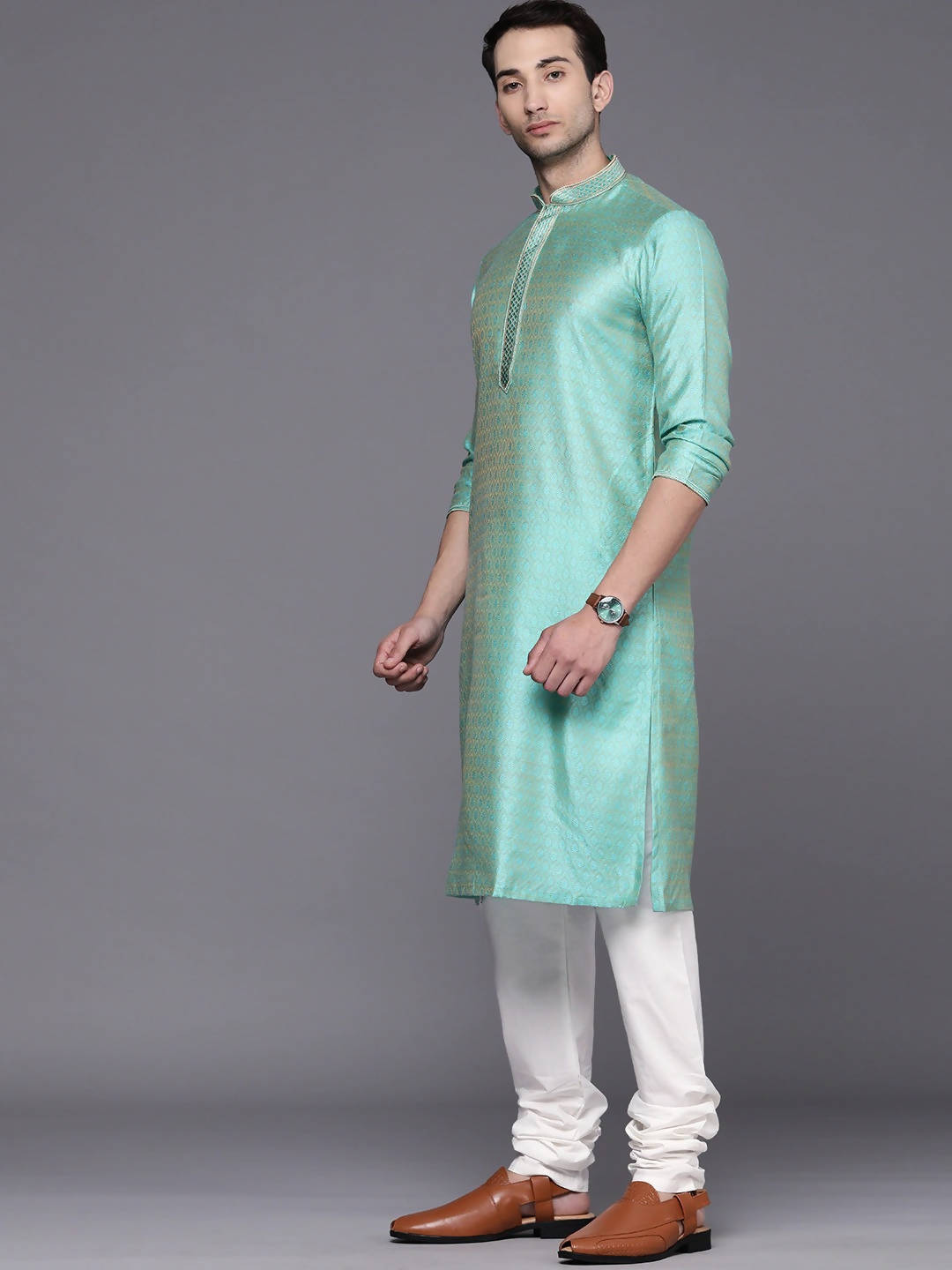 Manyavar Men Turquoise Blue Ethnic Motifs Regular Kurta with Pyjamas - Distacart