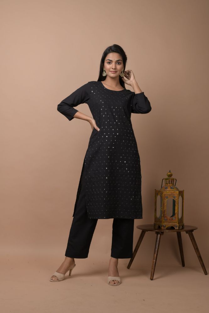 Kaajh Women's Black Solid Sequins Embellished Kurta Pant Set - Distacart