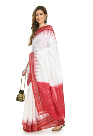 Vamika Sambalpuri Ikat Cotton Plane Kumbha White & Red Saree - Distacart