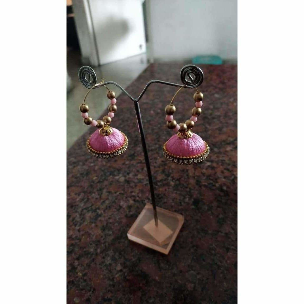 Pink Color Silk Thread Earrings with Beads - Distacart