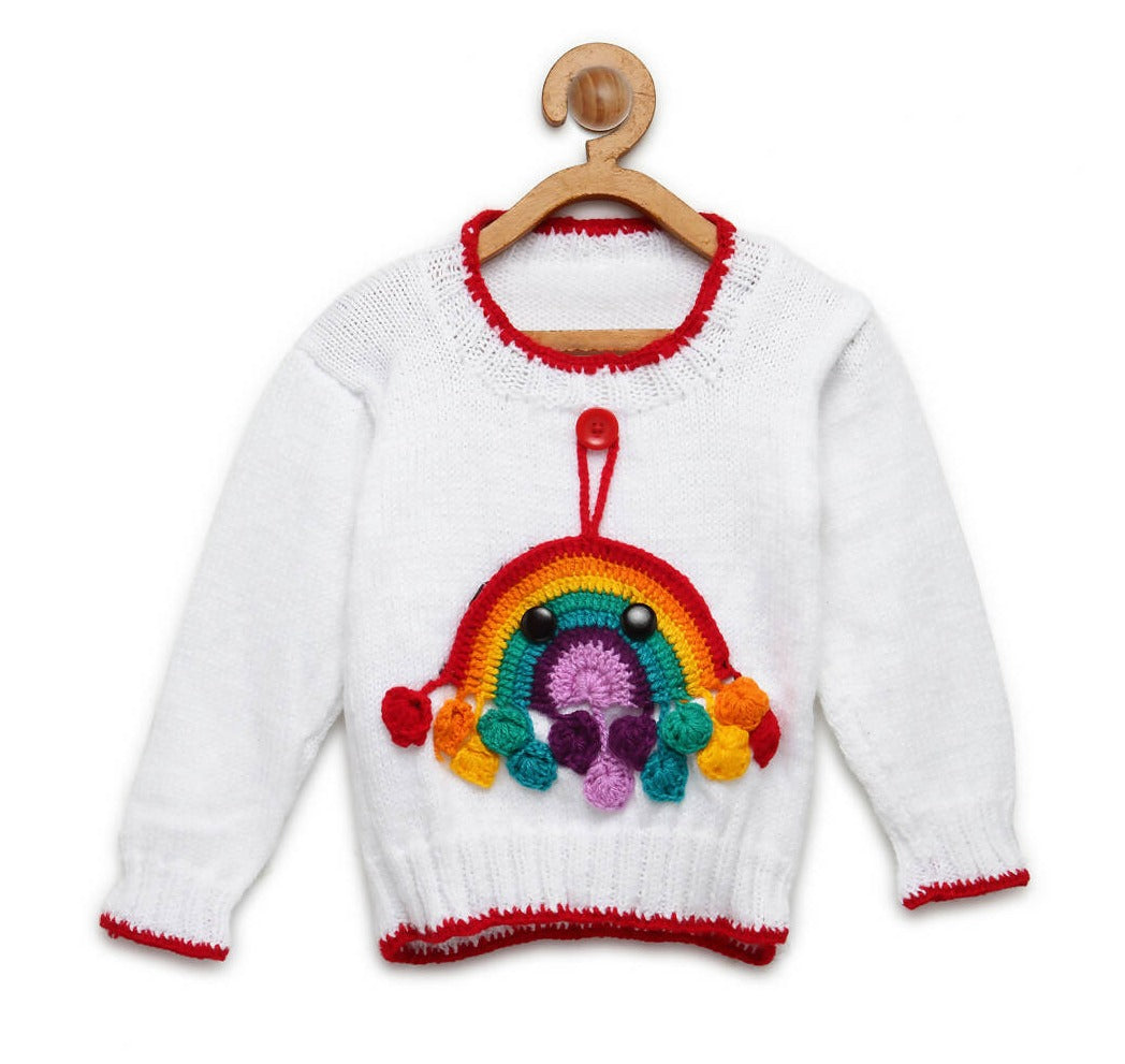 Chutput Kids White Coloured Solid Pullover For Baby Boys with Rainbow Detail - Distacart