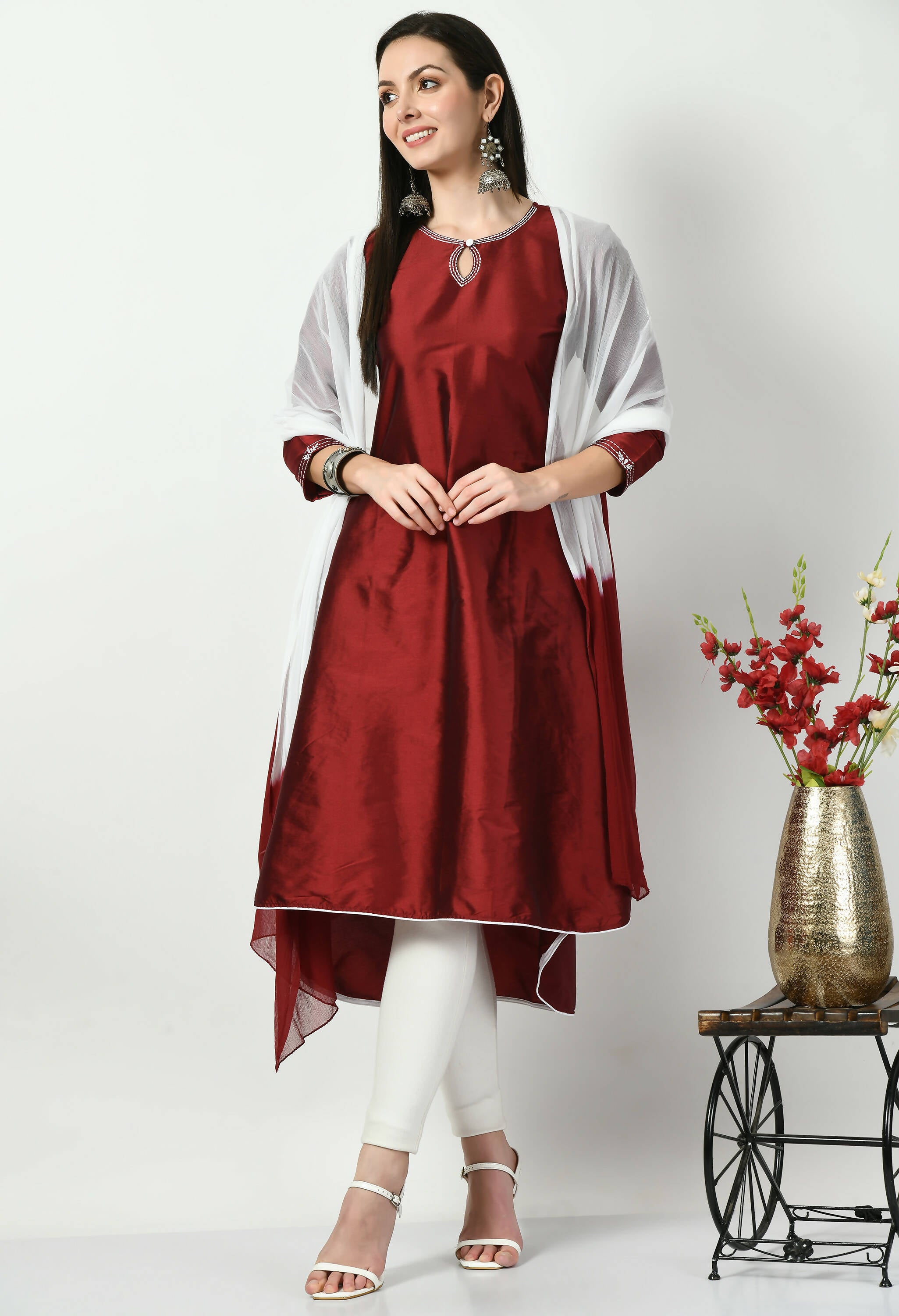 Women's Maroon Embroidered Polysilk Kurti With Lycra Pant Double Dyed Dupatta - G & A Apparels - Distacart