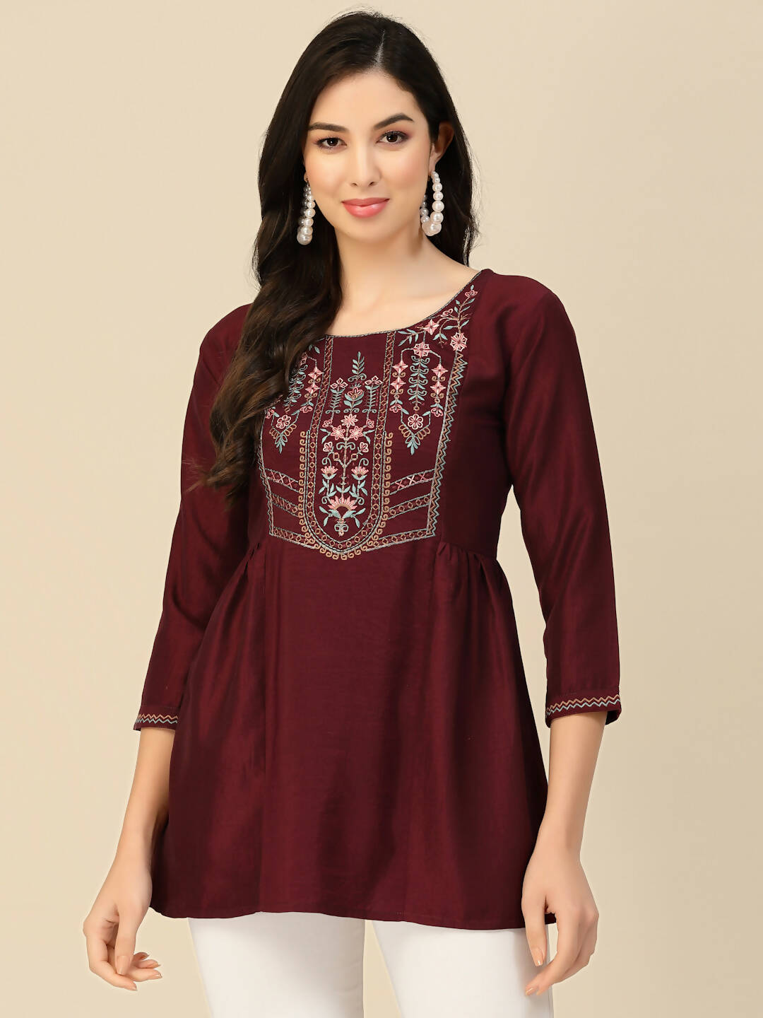 Wine Chinon Floral Embroidered Top - Zeny - Distacart
