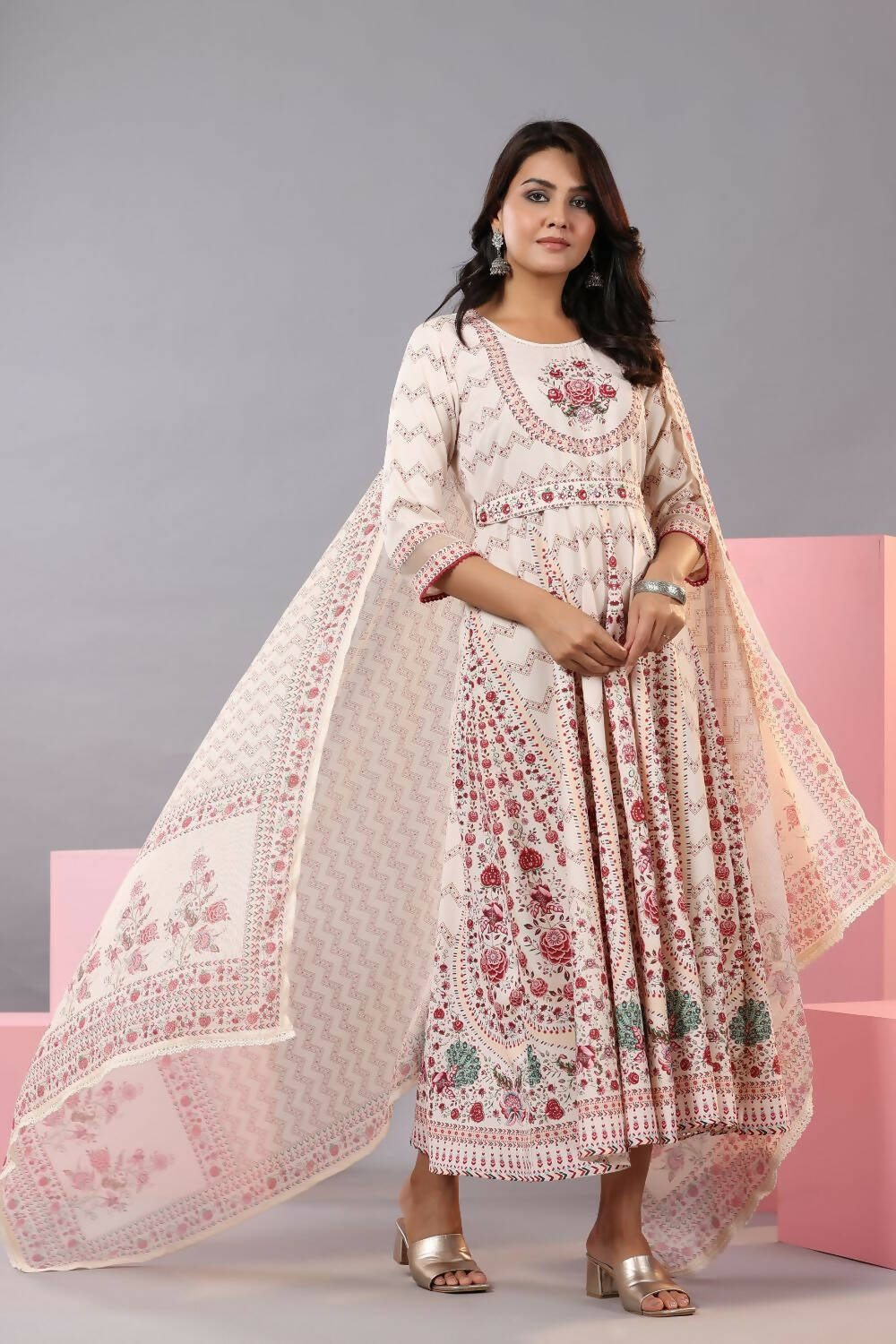 Juniper Women Ecru Rayon Floral Printed Kurta and Dupatta Set - Distacart