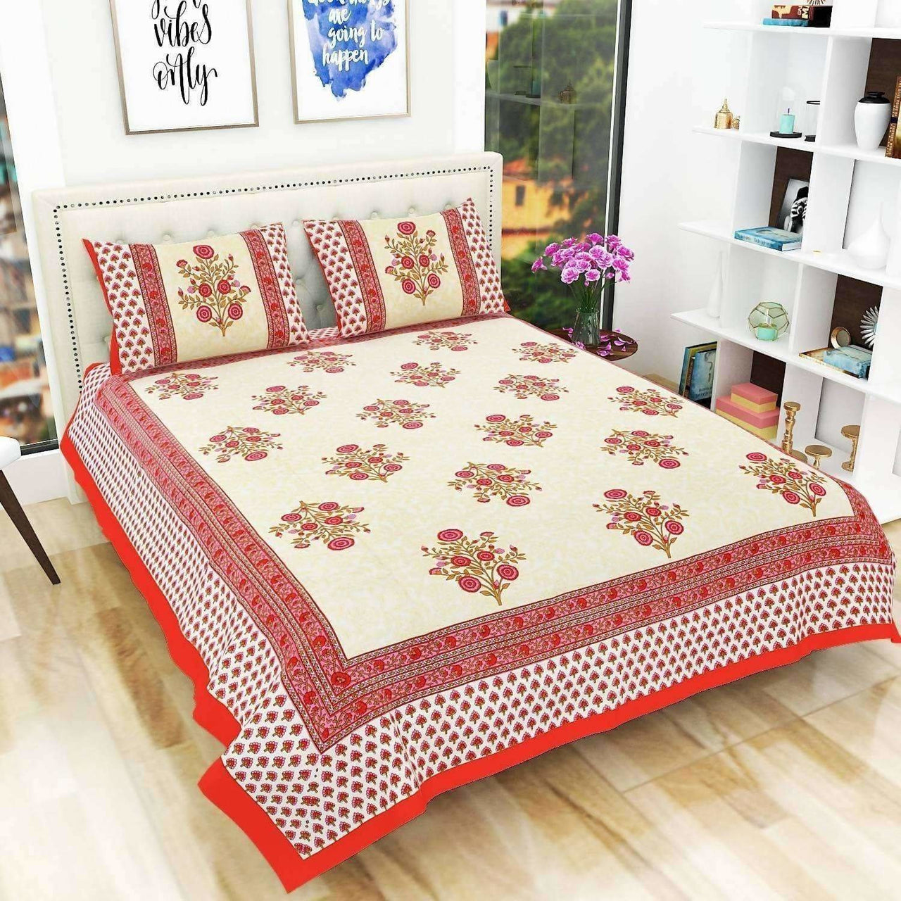 Floral Print Queen Size 90x108 Inches Jaipuri Flat Bed Sheet Bedspread with 2 Pillowcases - Distacart
