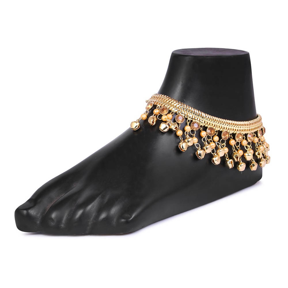 Tehzeeb Creations Gold Plated Anklets With Ghunghru And Stone