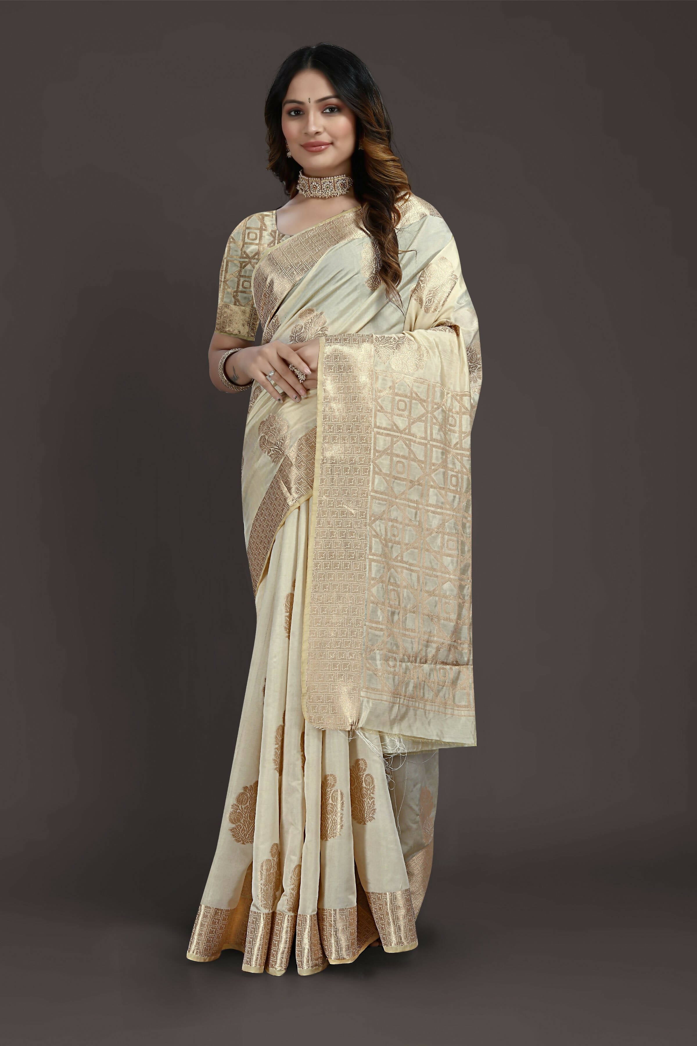 Off White Pure Raw Silk Zari Woven Saree with Unstitched Blouse Piece - Alisha - Distacart