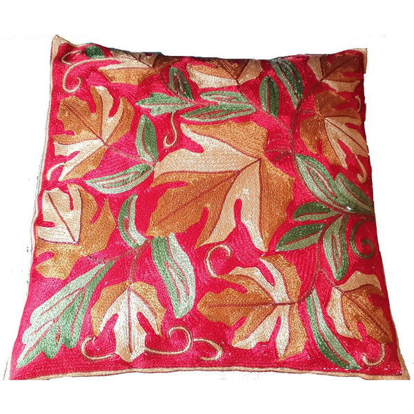 The Decor Nook Hand Embroidered Crewel Cushion Covers in Mustard/ Off White Chinar Leaf Motif with Red Base - Distacart