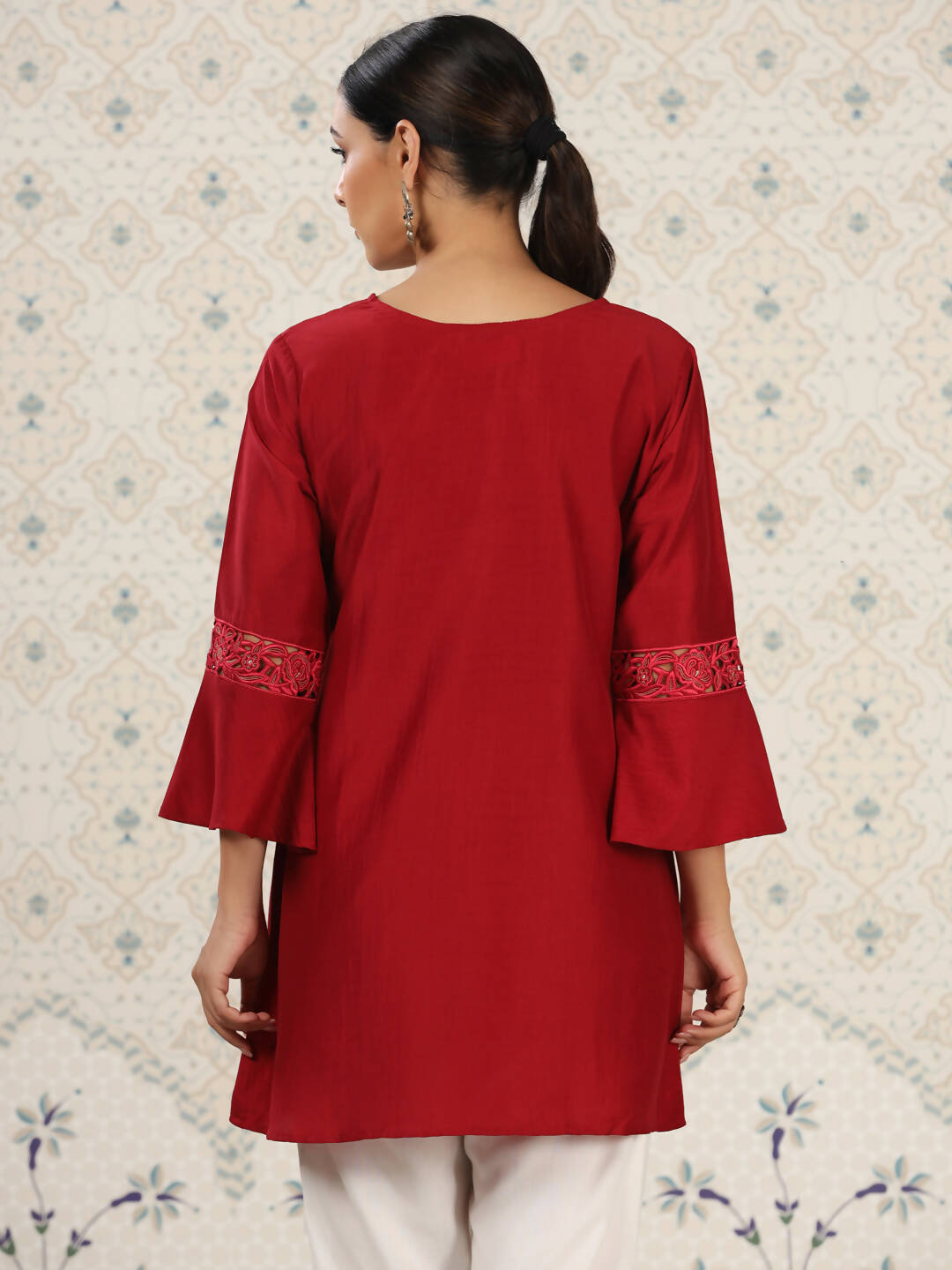 Red Chinon Embroidered Straight Top - Zeny - Distacart