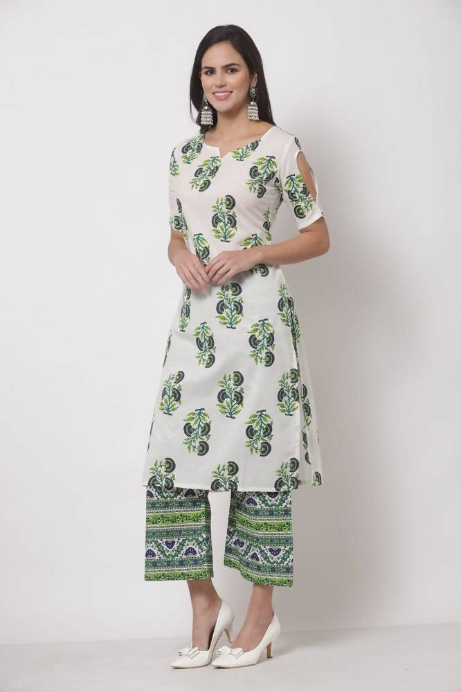 Myshka Women's White Cotton Blend Printed Half Sleeves V Neck Casual Kurta with Palazzo Set