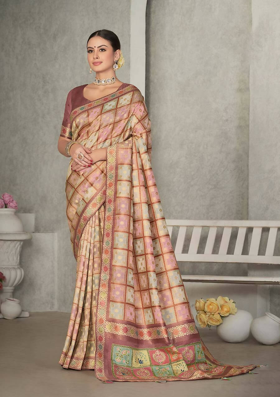 Peach Rangkat Tussar Silk Woven Design Saree with Unstitched Blouse - Mohmanthan Eshani - Distacart