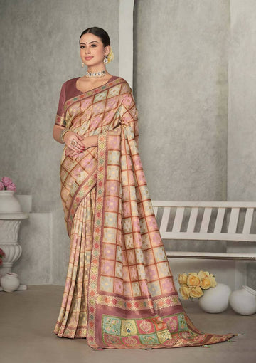 Peach Rangkat Tussar Silk Woven Design Saree with Unstitched Blouse - Mohmanthan Eshani - Distacart