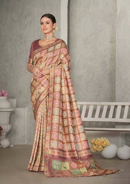 Peach Rangkat Tussar Silk Woven Design Saree with Unstitched Blouse - Mohmanthan Eshani - Distacart