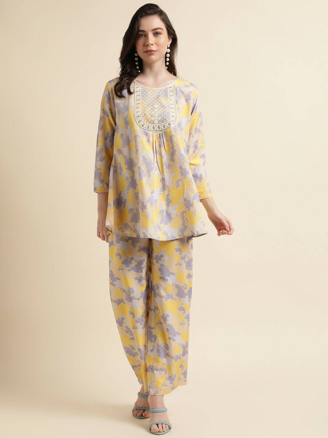 Yellow & Grey Poly Crepe Digital Printed Top with Matching Bottom - Preeti - Distacart