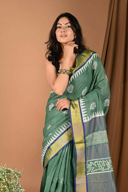 Very Much Indian Pure Cotton Handloom Saree With Intricate Borders - Green - Distacart