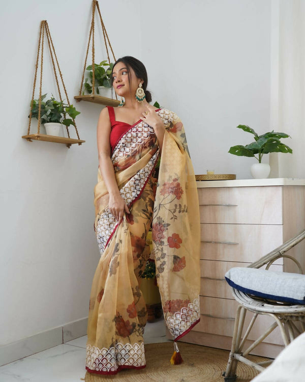 Vastrasky Mustard Organza Saree - Distacart