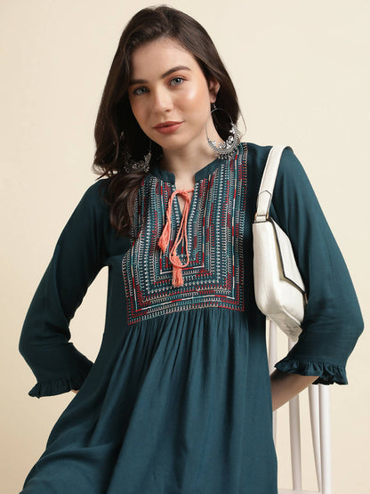 Teal Rayon Yoke Embroidered A-line Top - Tarini - Distacart