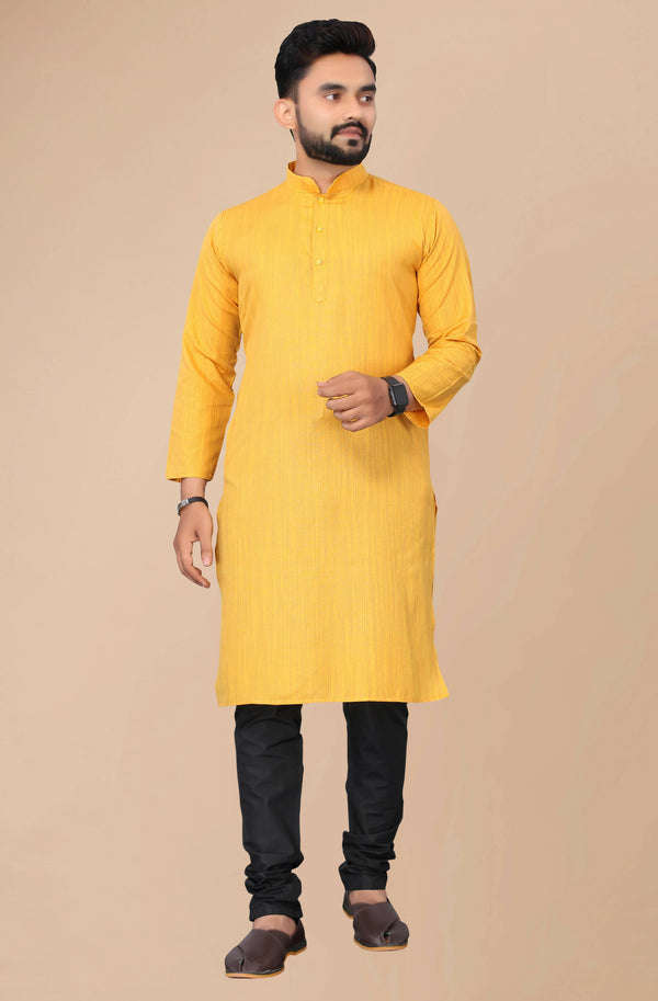 Men's Mustard Striped Cotton Kurta - Mahotsav - Distacart