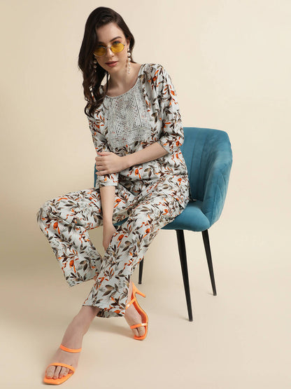 Grey Poly Crepe Digital Printed Top with Matching Bottom - Preeti - Distacart