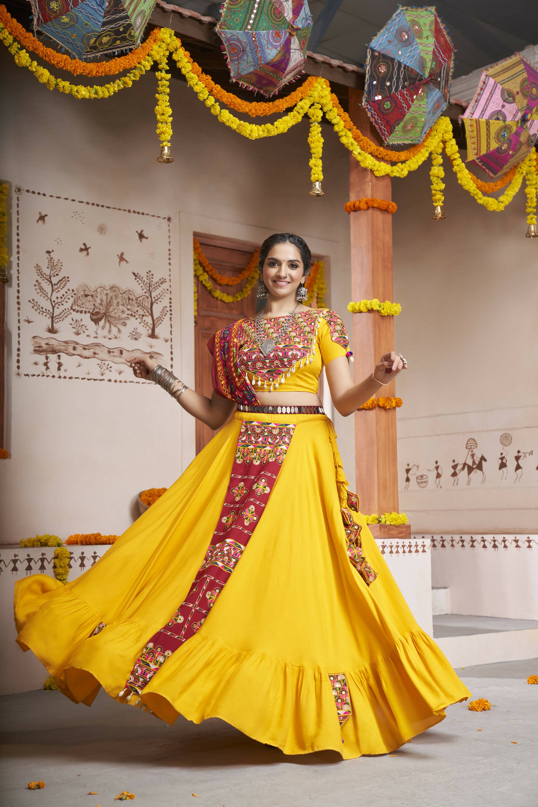 Yellow Viscose Rayon Thread Embroidery with mirror work Navratri Lehenga Choli with Dupatta - Raas - Distacart