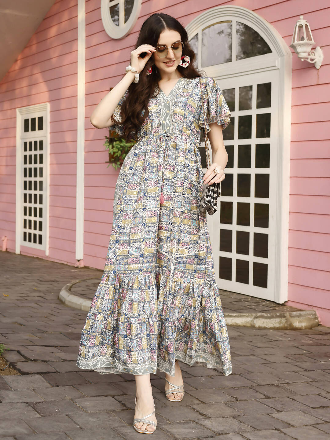 Green Rayon Foil Printed Long Dress - Michan - Distacart