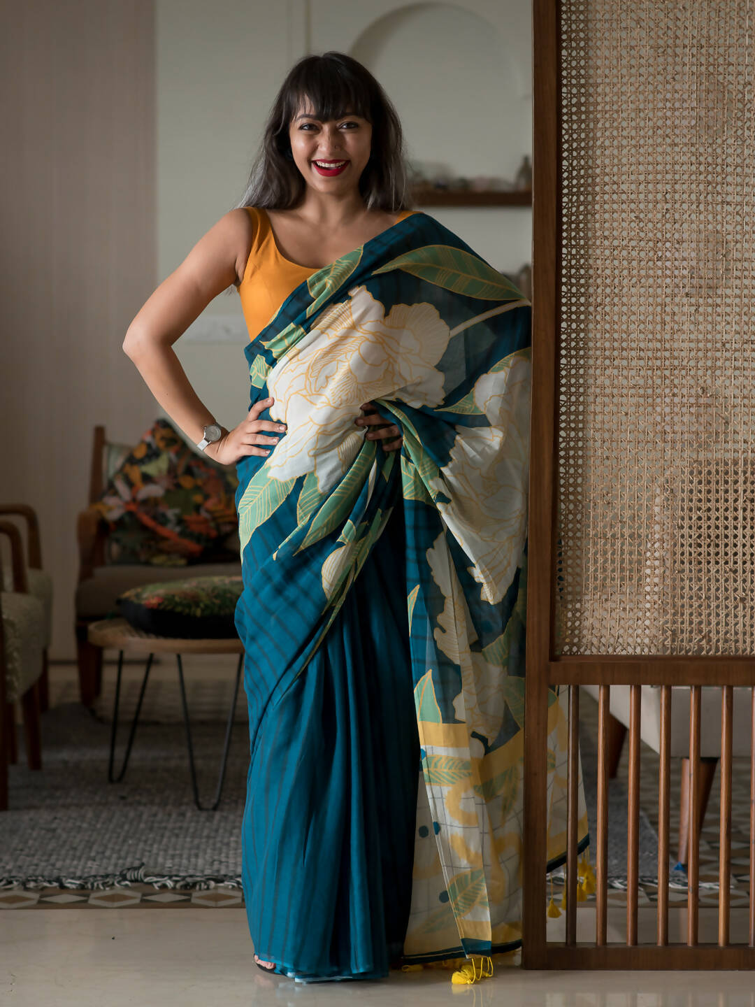 Suta Teal Floral Pure Cotton Saree - Distacart