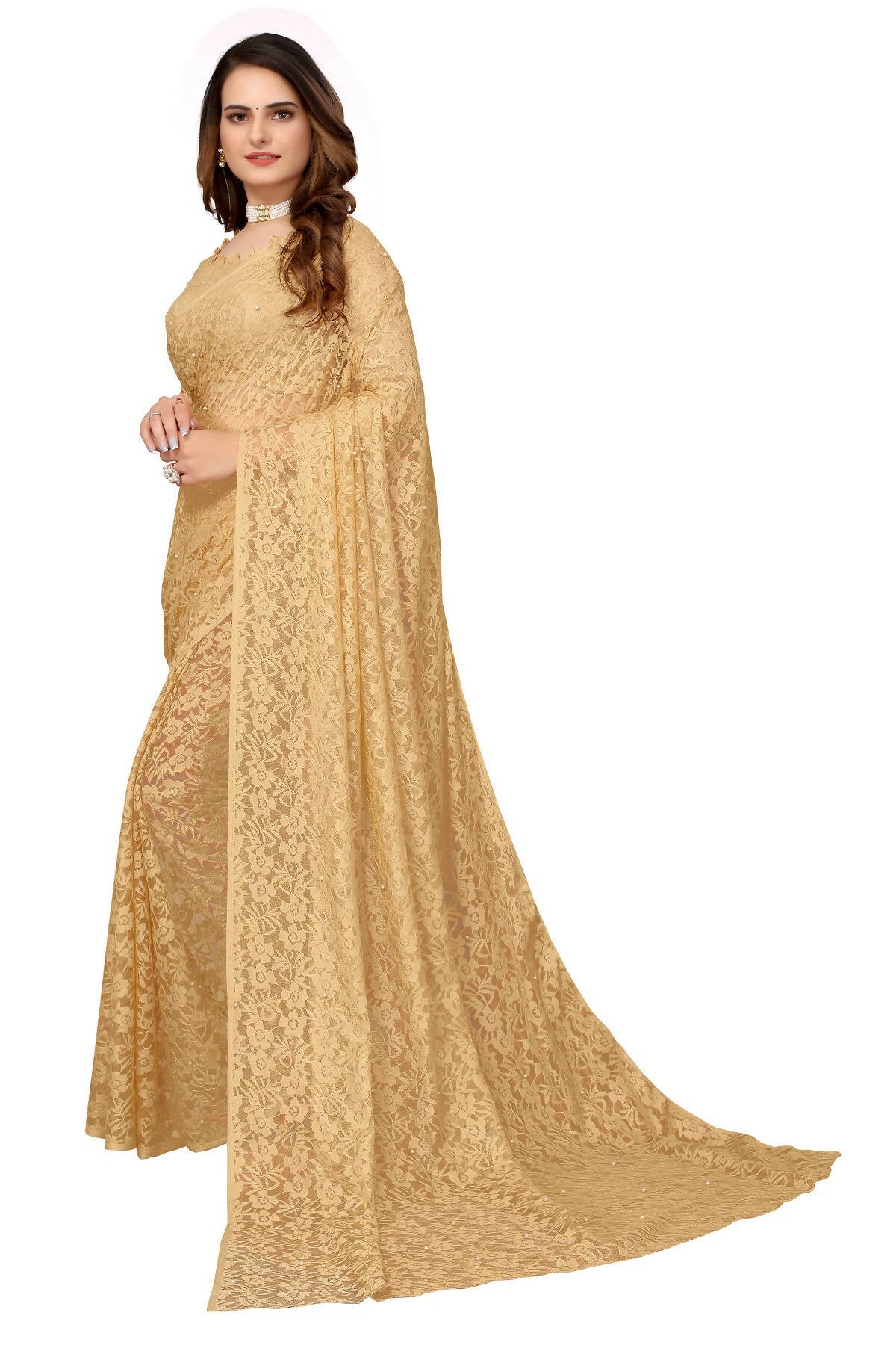 Vamika Brown Pearls Net Saree - Distacart