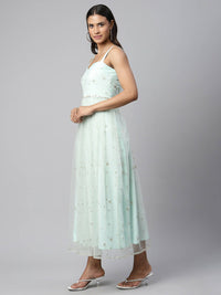 Thumbnail for Ahalyaa Women Summer Blue Net Glitter Printed Dress - Distacart