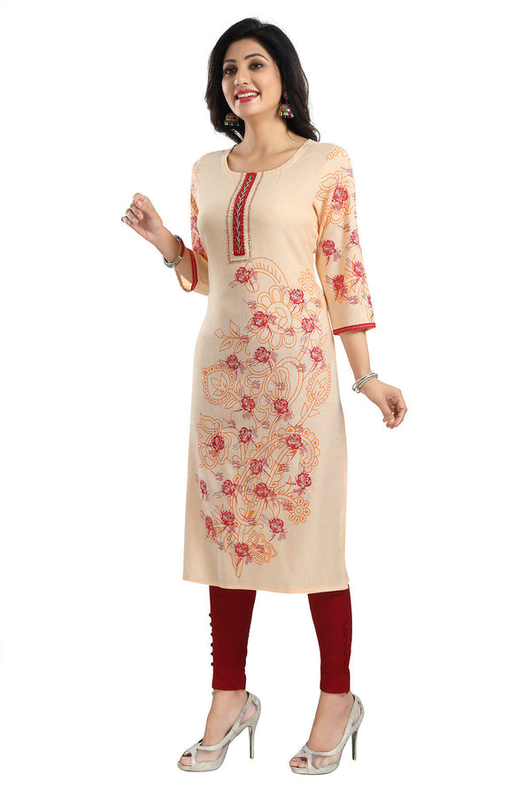 Snehal Creations Pleasing Peach Rayon Textured Print Long Kurta For Women - Distacart