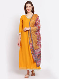 Thumbnail for Myshka Women's Yellow Printed Silk Blend 3/4 Sleeve V Neck Casual Kurta Dupatta Set