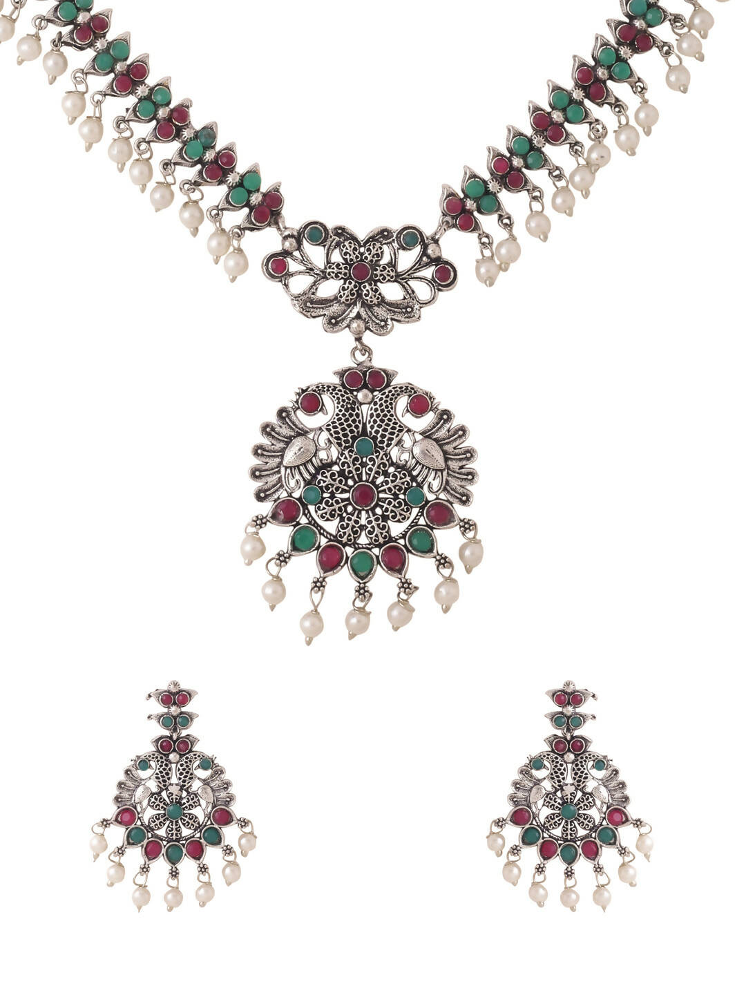 NVR Women Stone Studded Oxidised Silver Jewellery Set - Distacart