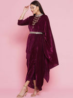 Thumbnail for Women Republic Burgundy Velvet Kurta With Attached Neckalace,Belt And Pant - Distacart