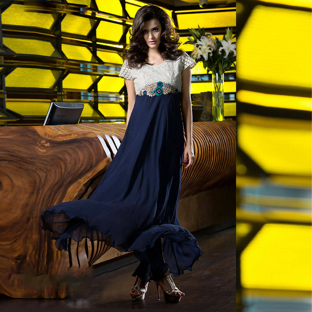 Blue Georgette Floral Embroidered A-line Kurti - Missy - Distacart