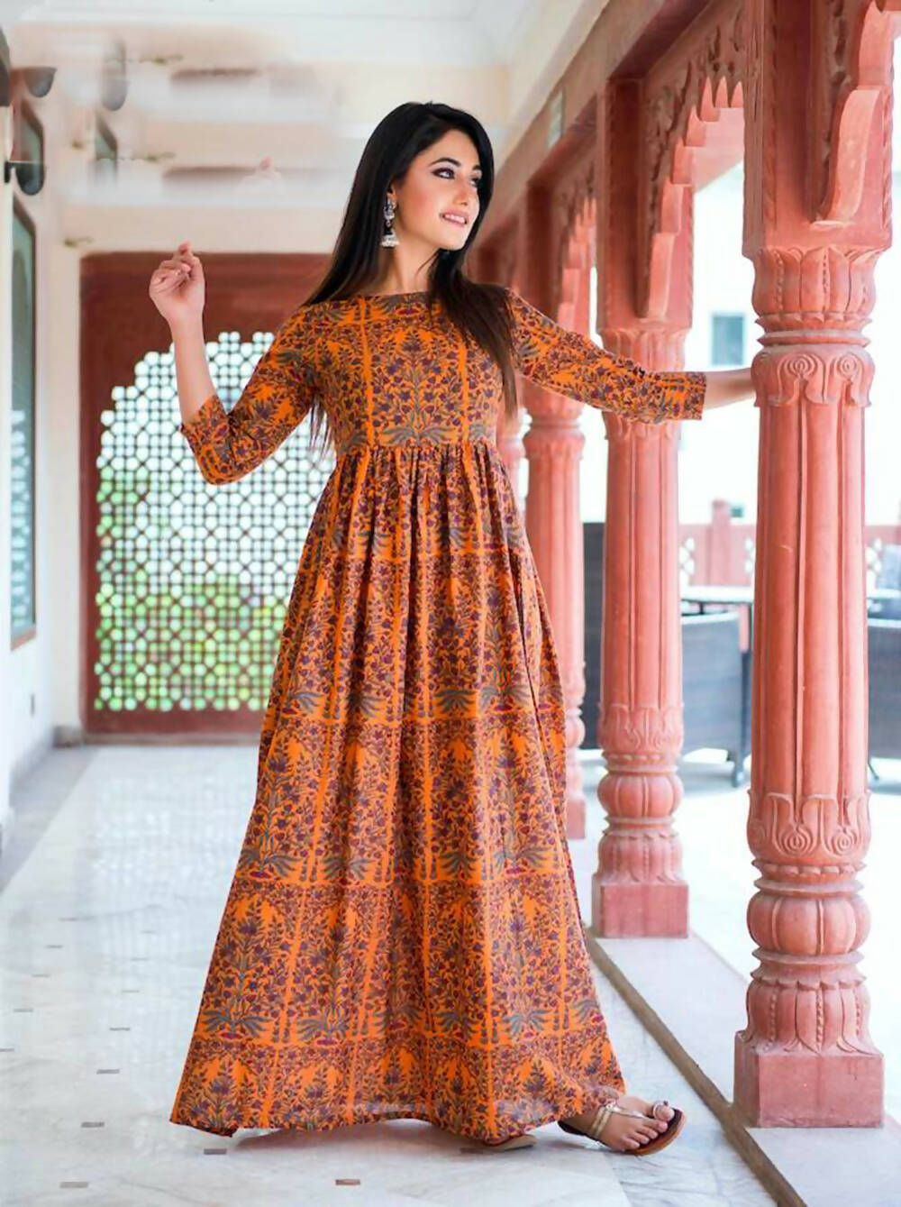 Designer Partywear Printed Dark Coral Pure Maslin Gown - Anbazaar - Distacart