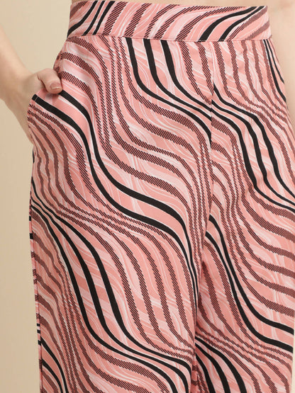 Peach Poly Crepe Digital Printed Top with Matching Bottom - Preeti - Distacart