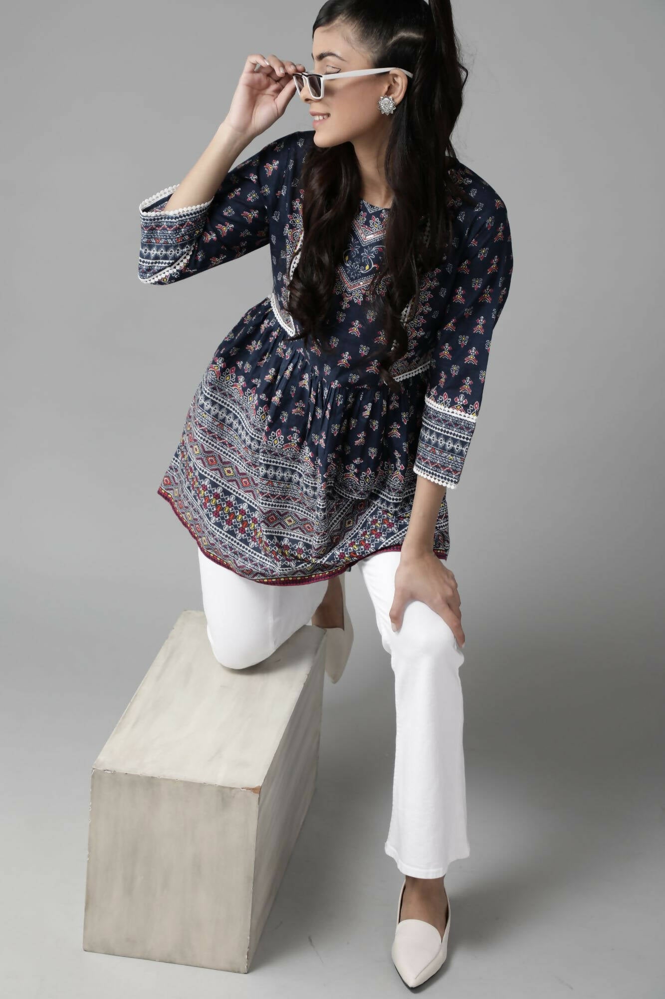 Juniper Women Indigo Cambric Printed A-Line Tunic - Distacart