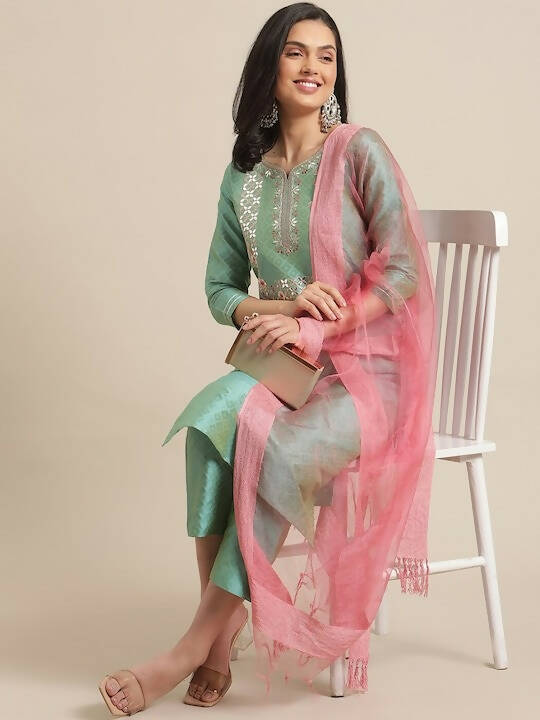 Varanga Women Sea Green Woven Design Kurta with Trousers & With Dupatta - Distacart