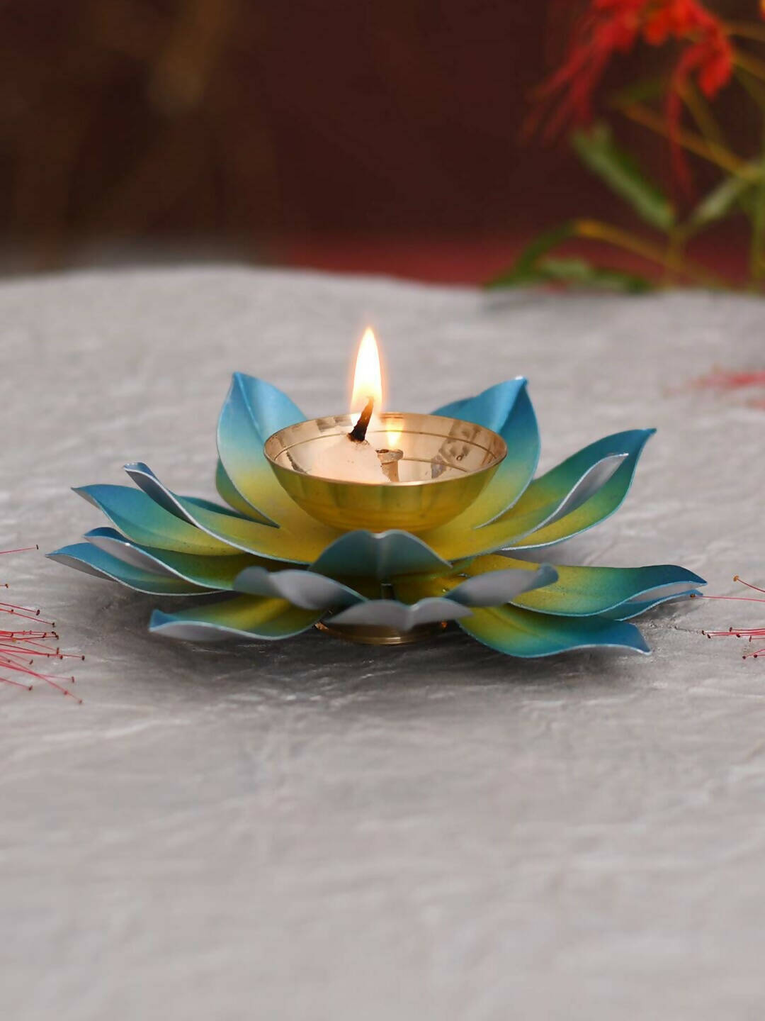 CraftVatika Blue Lotus Hand Painted Diya Metal - Distacart