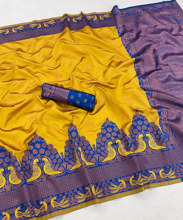 DEIANA'S Beautiful Golden Jari with New Design Soft Lichi Silk Saree - Yellow - Distacart