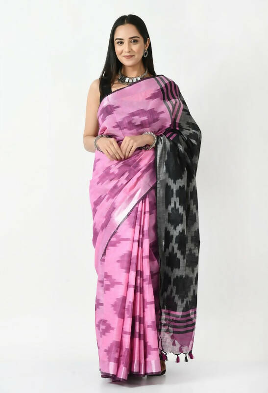 Mominos Fashion Moeza Pink & Black Bhagalpuri Handloom Ikat Pure Cotton Saree with unstitched Blouse piece - Distacart