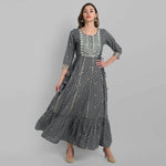 Thumbnail for Juniper Grey Rayon Festive Wear Embroidered Tiered Long Dress - Distacart