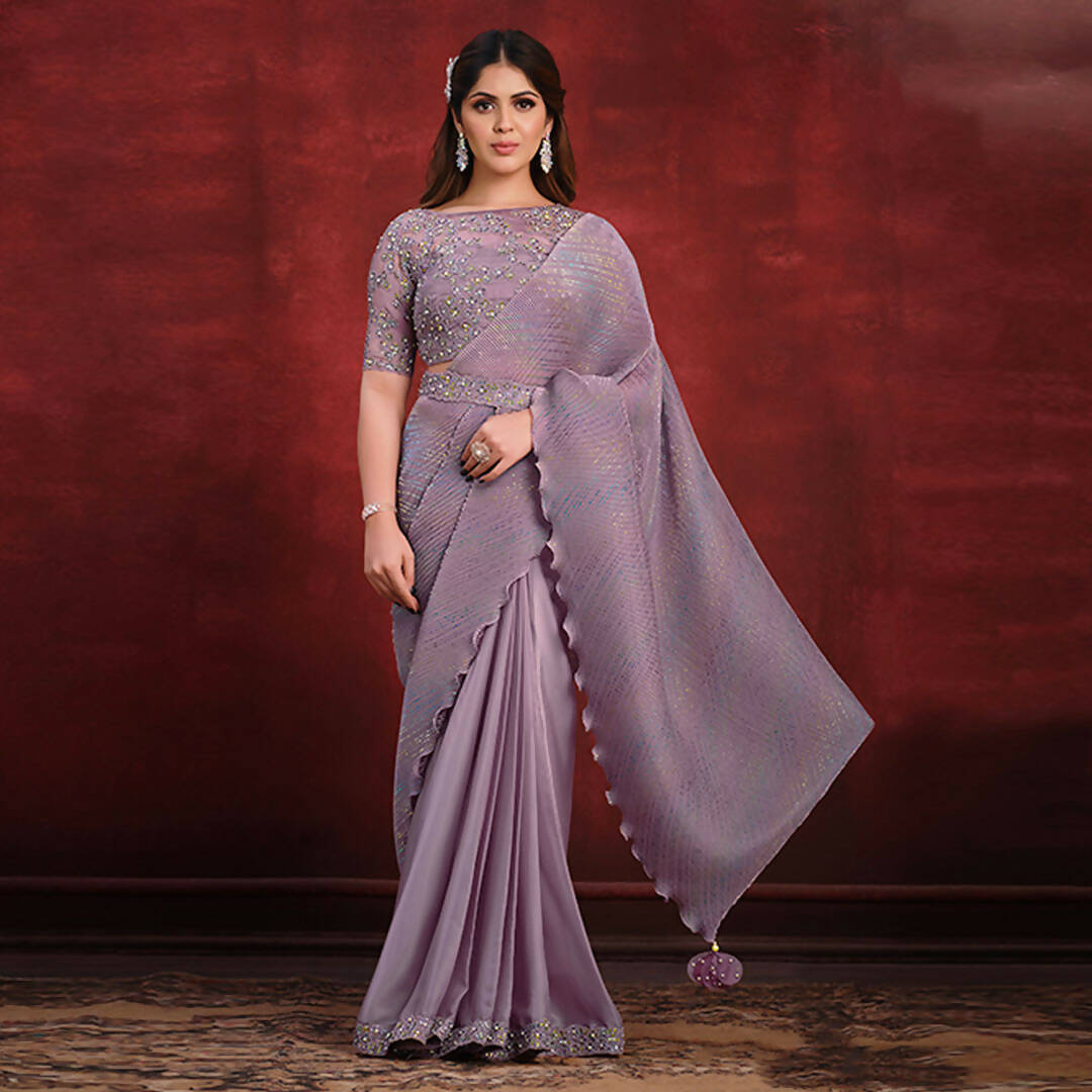 Purple Crepe Satin Silk Sequence Thread & Stone Work/ Texture Pallu Saree - Mohmanthan Kimiya - Distacart