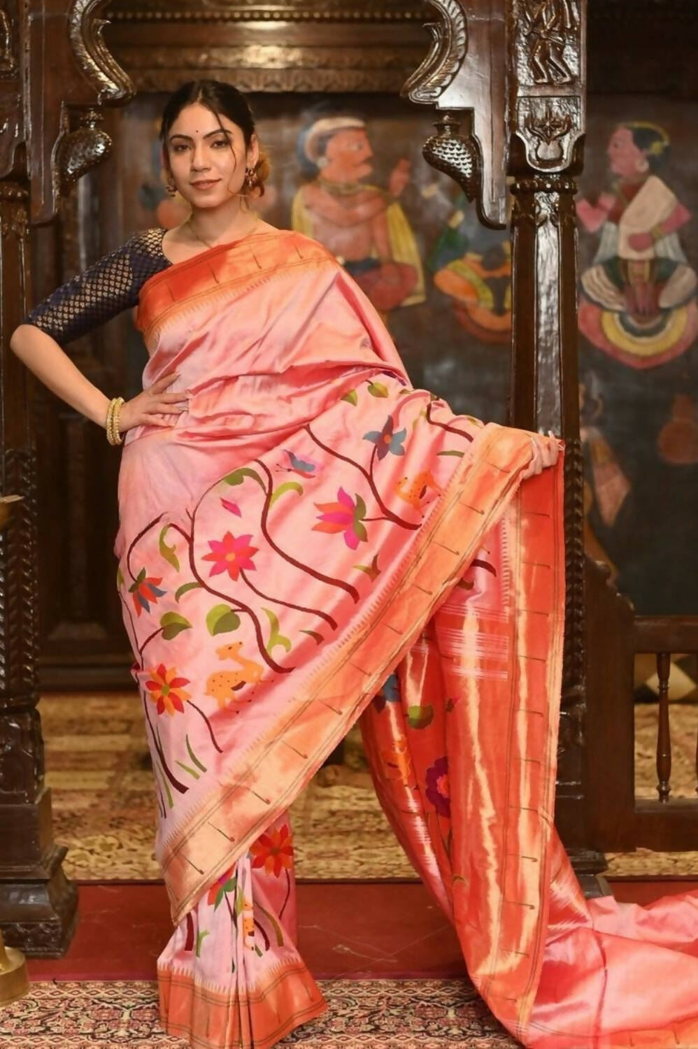 Very Much Indian Pure Silk Intricately Woven Handloom Paithani-Pretty Peach - Distacart