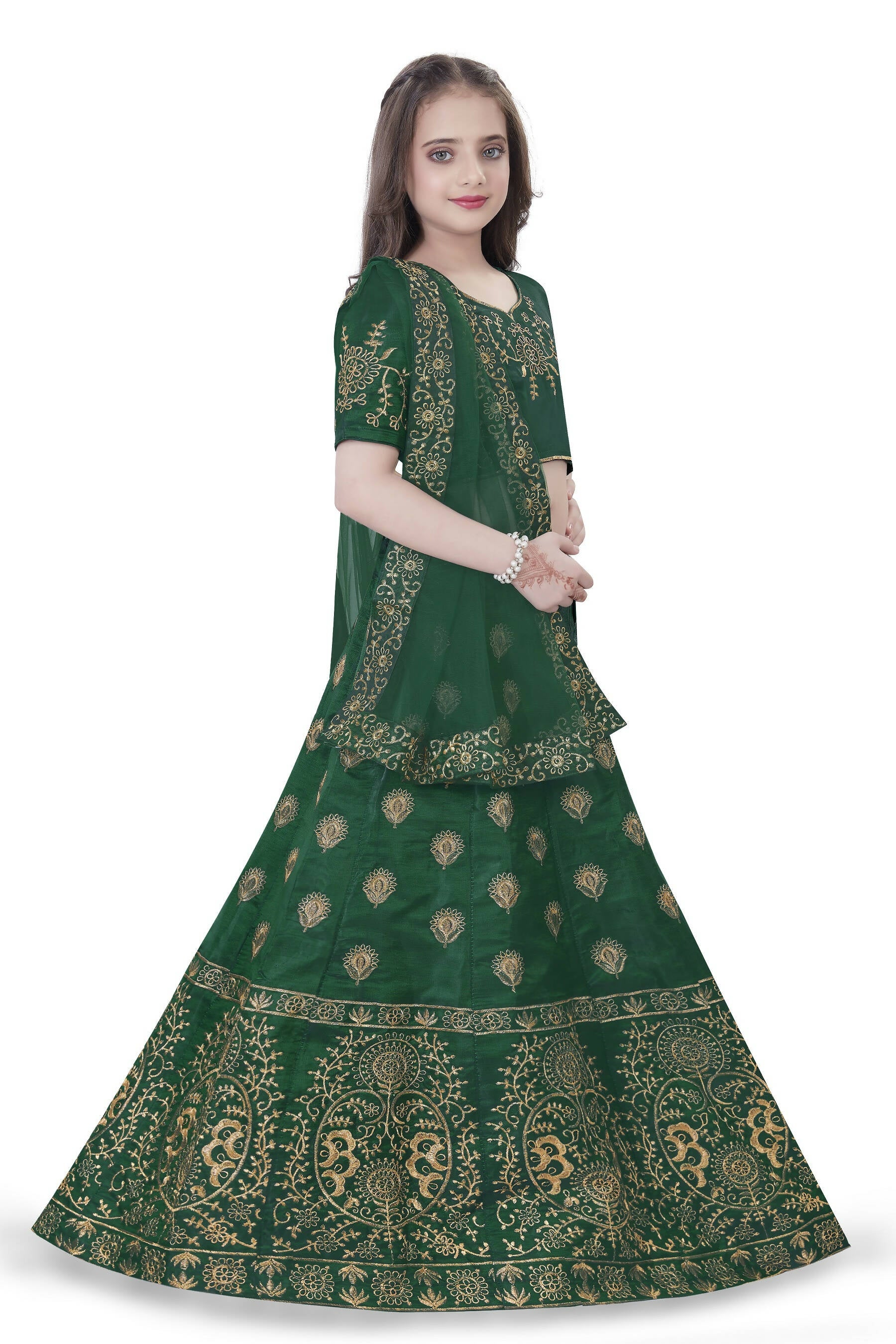Dwiden Green Gulab Tafetta Sattin Semi-Stitched Girl'S Lehenga Choli - Distacart