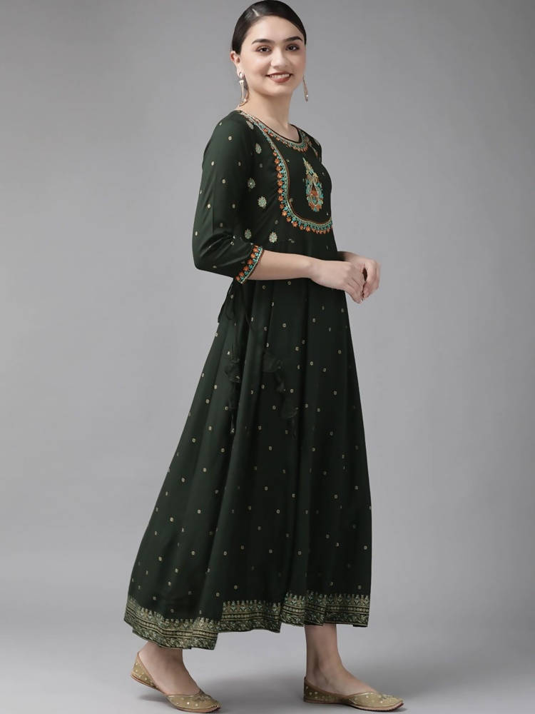 Yufta Women Green & Golden Geometric Print A-Line Maxi Dress with Embroidery Detail