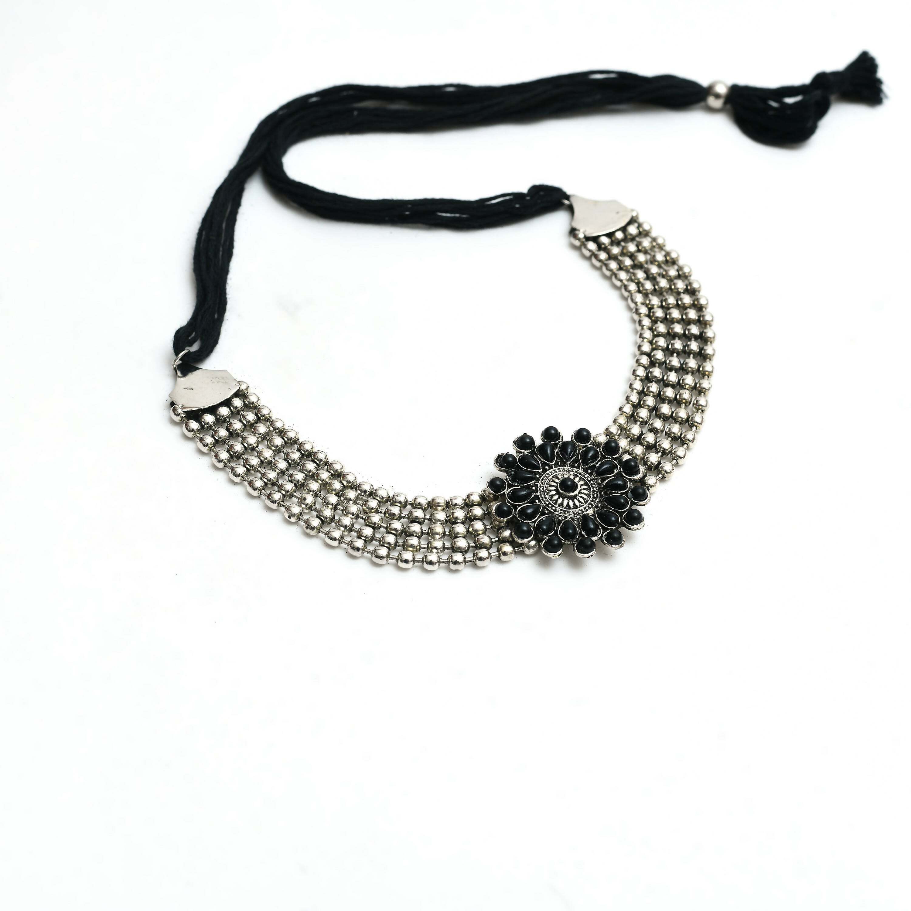 Mominos Fashion Johar Kamal Oxidised Silver-Plated Brass Finish Kundan Choker For Women (Black) - Distacart