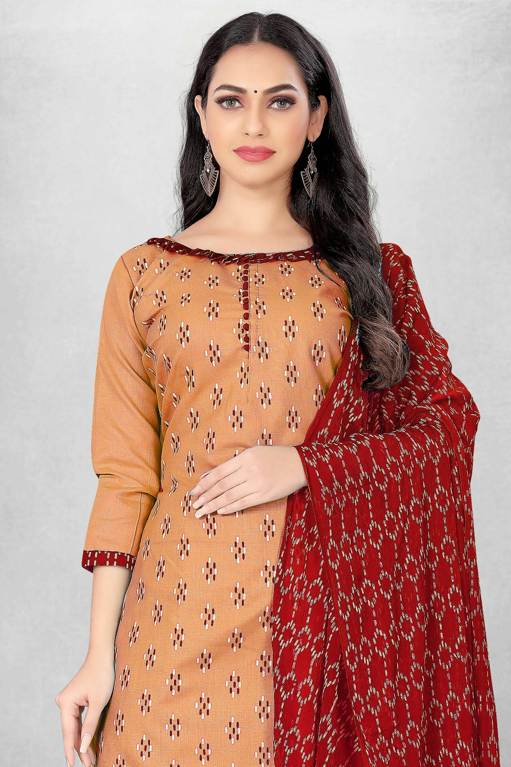 Beige Cotton Printed Unstitched Dress Material - Amara - Distacart