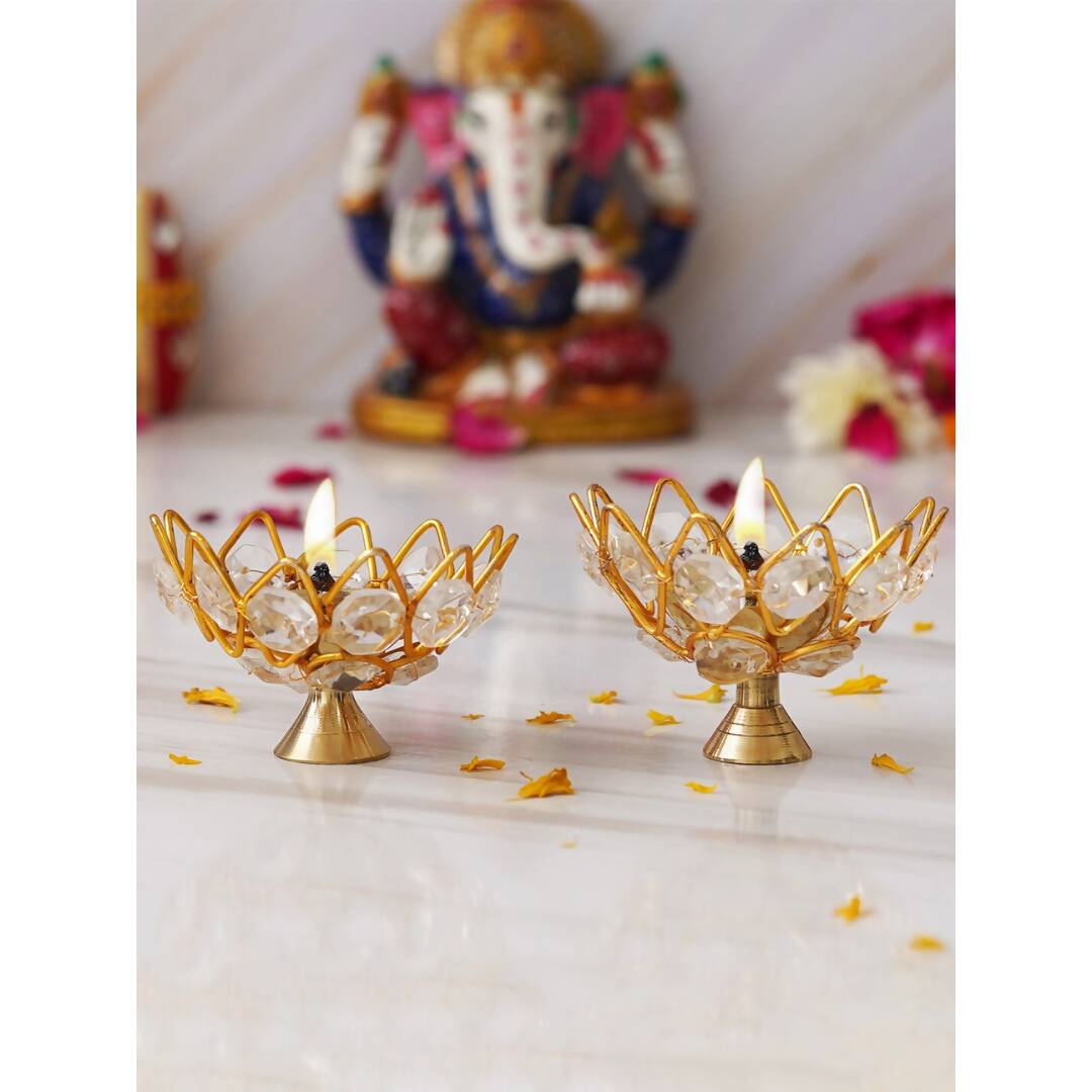 eCraftIndia Gold-Toned 2 Pieces Crystal Lotus Shape Brass Diyas - Distacart
