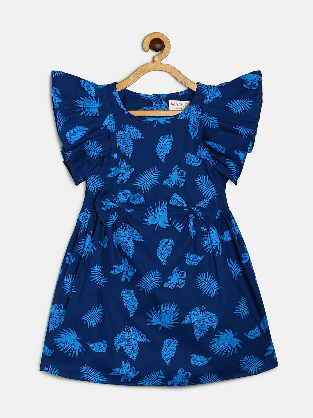 Manet Cotton Frill Bow Frock Leaf Printed - Blue - Distacart