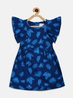Thumbnail for Manet Cotton Frill Bow Frock Leaf Printed - Blue - Distacart